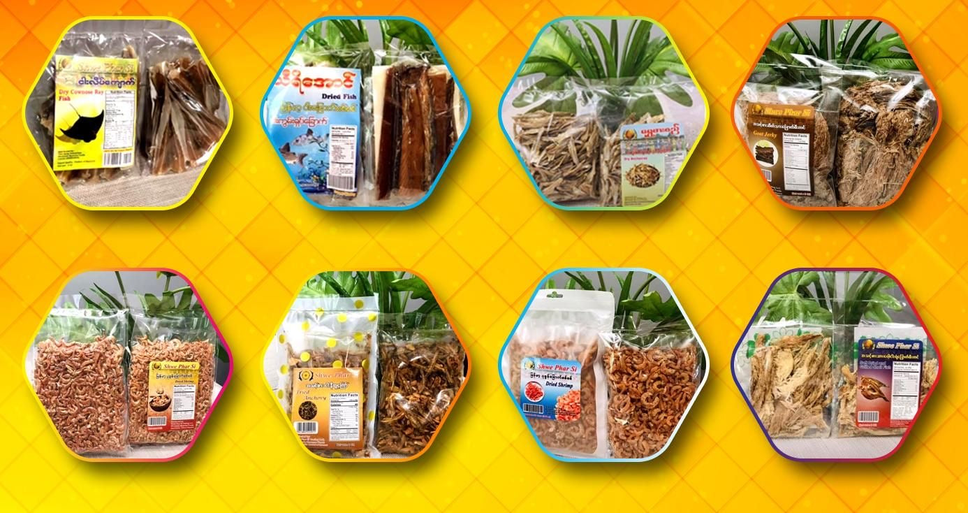 ငါးခြောက်/  ပုဇွန်ခြောက် နှင့် ဆိတ်သားခြောက်မီးကင်